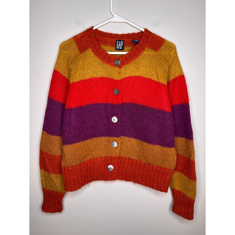 2000s Y2K GAP Mohair Wool Rainbow Bold Stripes Kidcore Maximalist Cardigan M